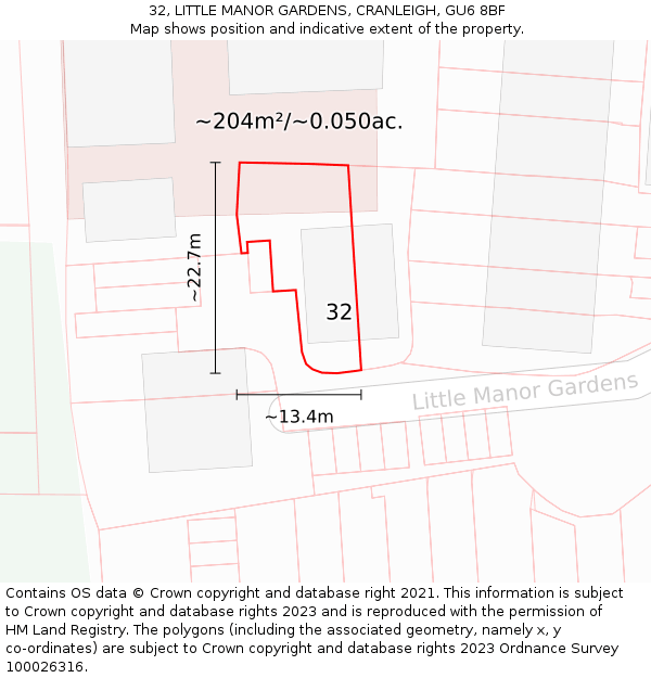 32, LITTLE MANOR GARDENS, CRANLEIGH, GU6 8BF: Plot and title map