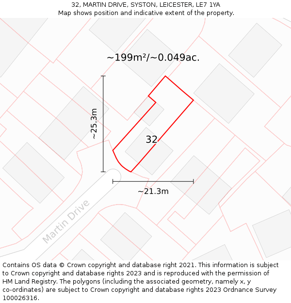 32, MARTIN DRIVE, SYSTON, LEICESTER, LE7 1YA: Plot and title map