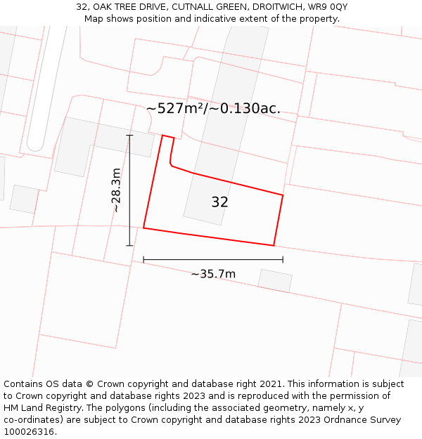 32, OAK TREE DRIVE, CUTNALL GREEN, DROITWICH, WR9 0QY: Plot and title map