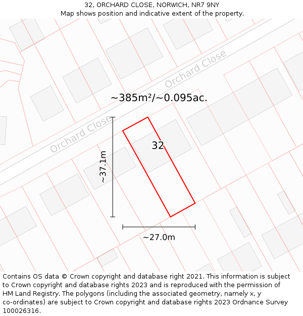 32, ORCHARD CLOSE, NORWICH, NR7 9NY: Plot and title map