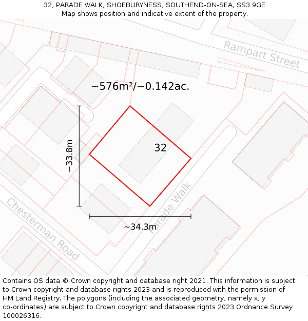 32, PARADE WALK, SHOEBURYNESS, SOUTHEND-ON-SEA, SS3 9GE: Plot and title map