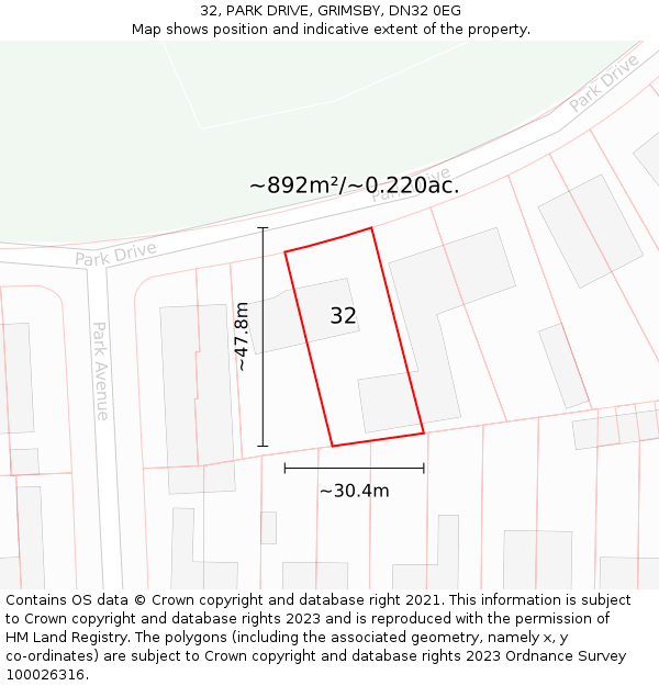 32, PARK DRIVE, GRIMSBY, DN32 0EG: Plot and title map