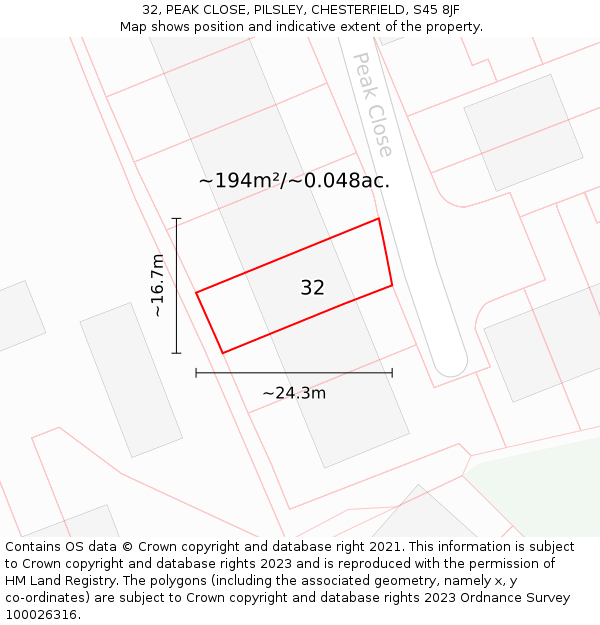 32, PEAK CLOSE, PILSLEY, CHESTERFIELD, S45 8JF: Plot and title map