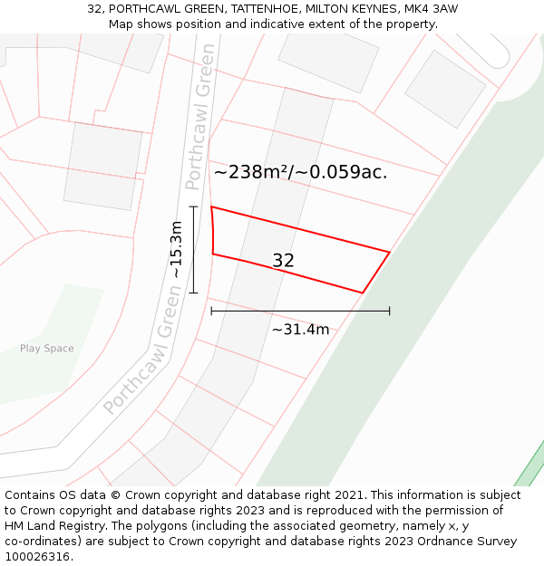 32, PORTHCAWL GREEN, TATTENHOE, MILTON KEYNES, MK4 3AW: Plot and title map