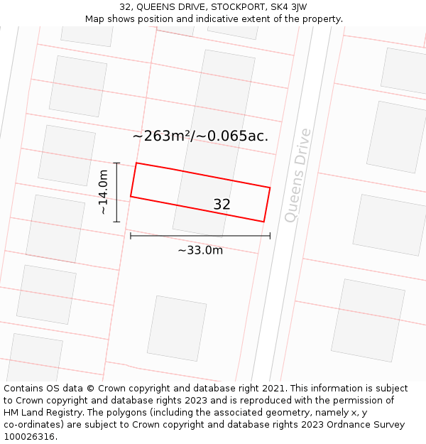 32, QUEENS DRIVE, STOCKPORT, SK4 3JW: Plot and title map