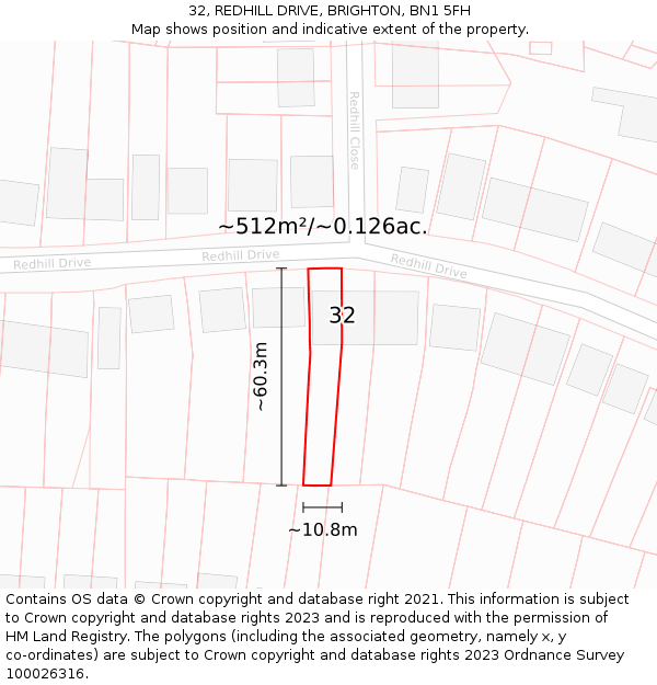 32, REDHILL DRIVE, BRIGHTON, BN1 5FH: Plot and title map