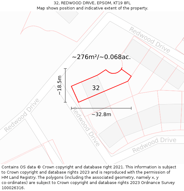 32, REDWOOD DRIVE, EPSOM, KT19 8FL: Plot and title map