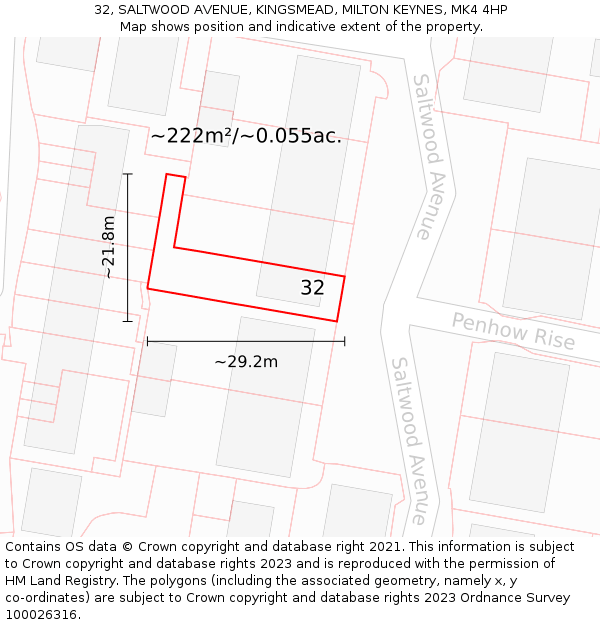 32, SALTWOOD AVENUE, KINGSMEAD, MILTON KEYNES, MK4 4HP: Plot and title map