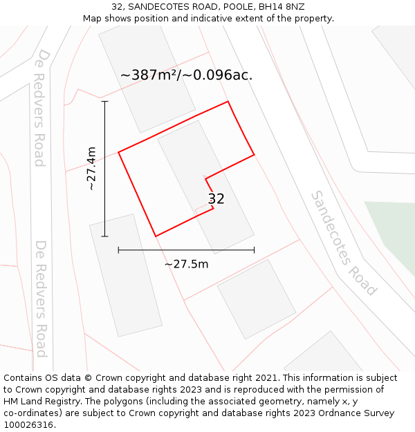 32, SANDECOTES ROAD, POOLE, BH14 8NZ: Plot and title map