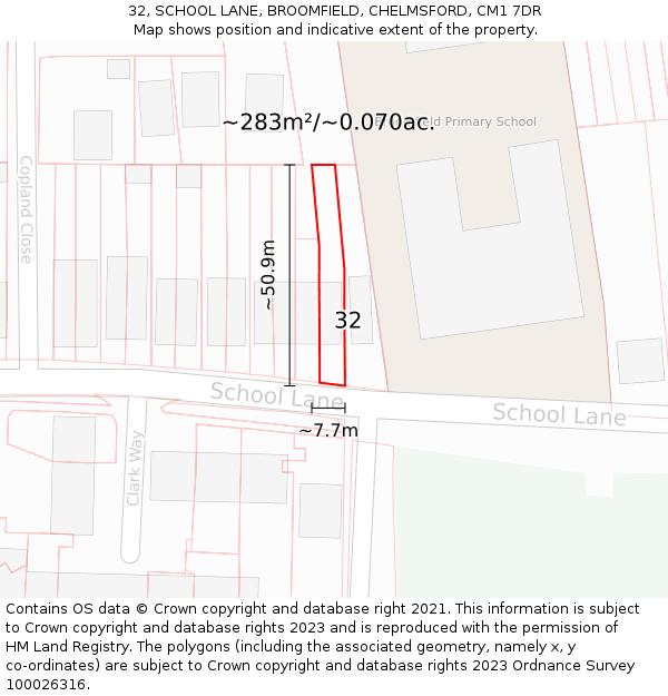 32, SCHOOL LANE, BROOMFIELD, CHELMSFORD, CM1 7DR: Plot and title map