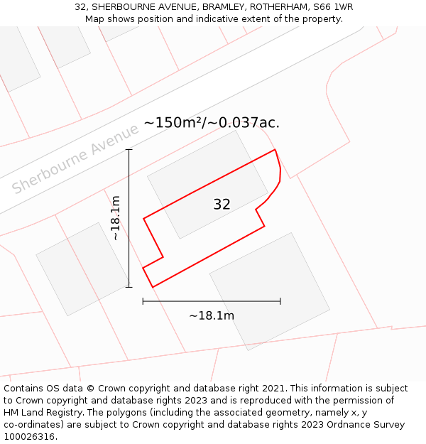 32, SHERBOURNE AVENUE, BRAMLEY, ROTHERHAM, S66 1WR: Plot and title map