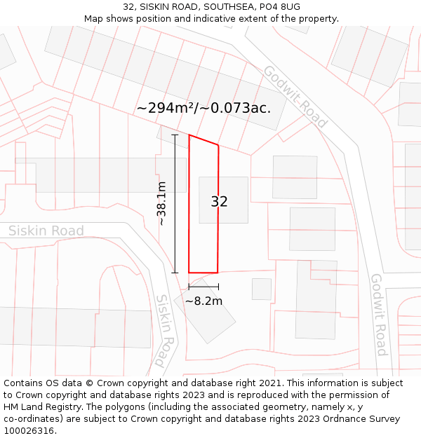 32, SISKIN ROAD, SOUTHSEA, PO4 8UG: Plot and title map