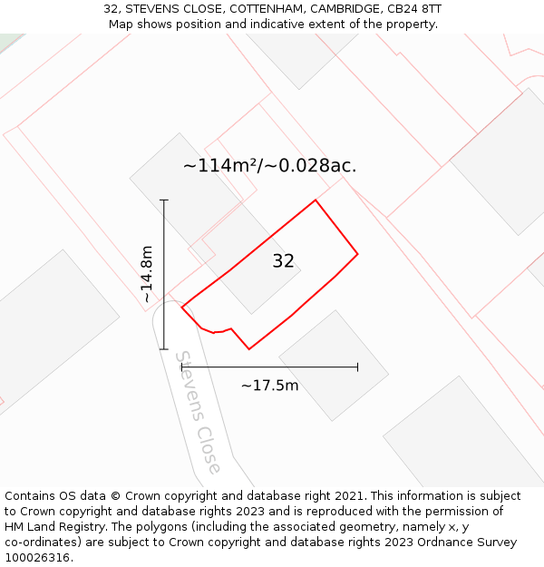 32, STEVENS CLOSE, COTTENHAM, CAMBRIDGE, CB24 8TT: Plot and title map