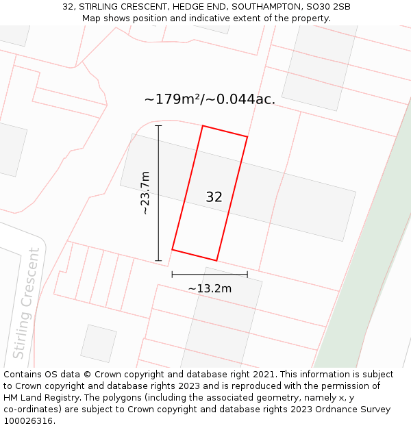 32, STIRLING CRESCENT, HEDGE END, SOUTHAMPTON, SO30 2SB: Plot and title map