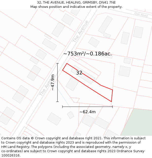 32, THE AVENUE, HEALING, GRIMSBY, DN41 7NE: Plot and title map