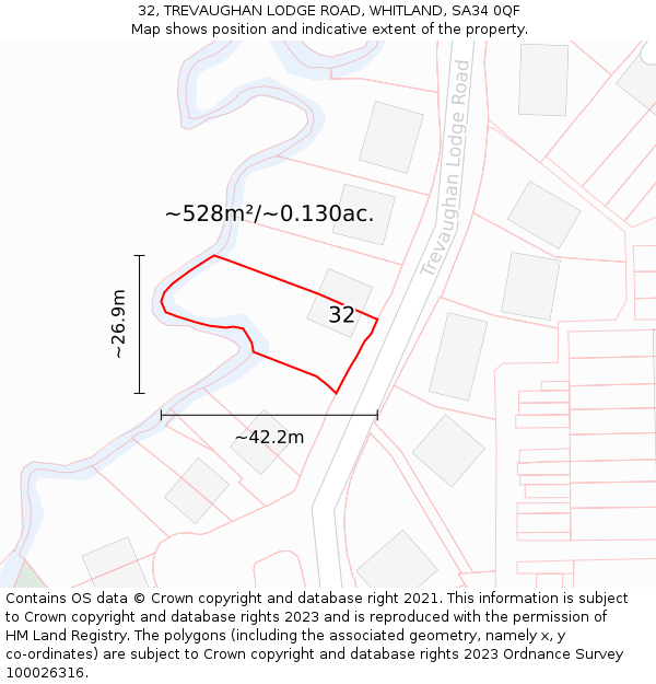 32, TREVAUGHAN LODGE ROAD, WHITLAND, SA34 0QF: Plot and title map