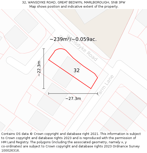 32, WANSDYKE ROAD, GREAT BEDWYN, MARLBOROUGH, SN8 3PW: Plot and title map