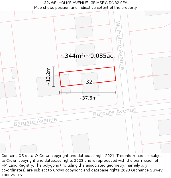 32, WELHOLME AVENUE, GRIMSBY, DN32 0EA: Plot and title map