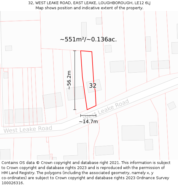 32, WEST LEAKE ROAD, EAST LEAKE, LOUGHBOROUGH, LE12 6LJ: Plot and title map