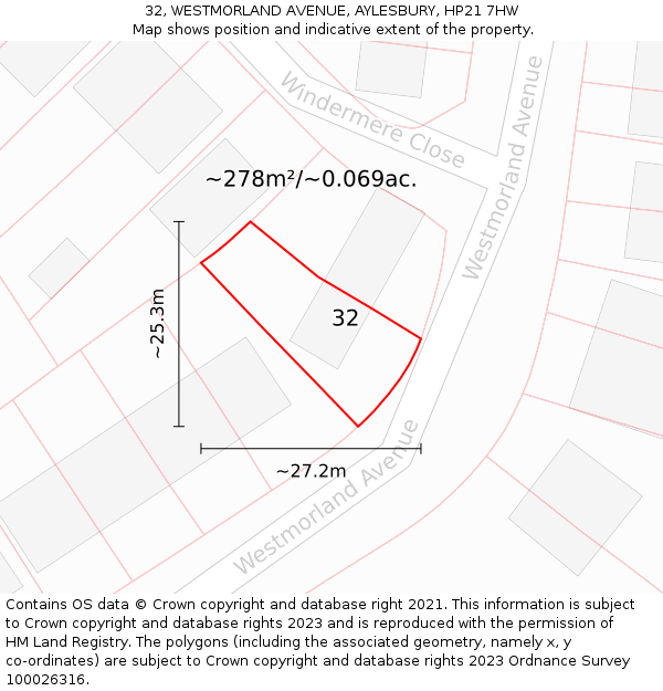 32, WESTMORLAND AVENUE, AYLESBURY, HP21 7HW: Plot and title map