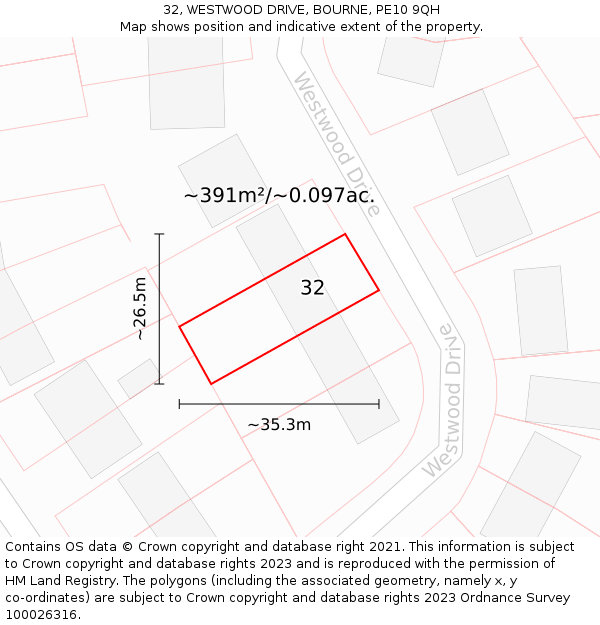 32, WESTWOOD DRIVE, BOURNE, PE10 9QH: Plot and title map