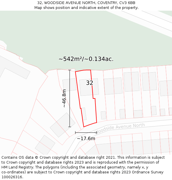 32, WOODSIDE AVENUE NORTH, COVENTRY, CV3 6BB: Plot and title map