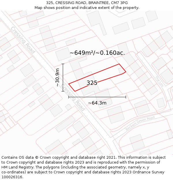 325, CRESSING ROAD, BRAINTREE, CM7 3PG: Plot and title map