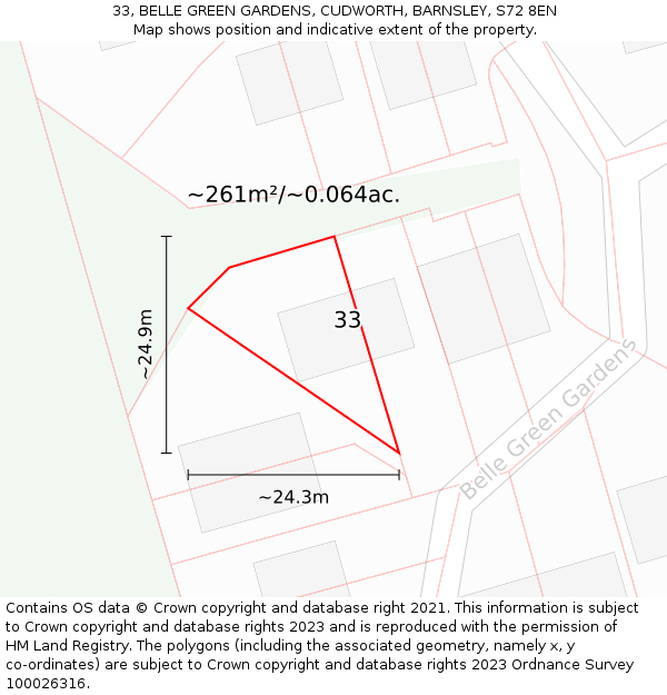 33, BELLE GREEN GARDENS, CUDWORTH, BARNSLEY, S72 8EN: Plot and title map