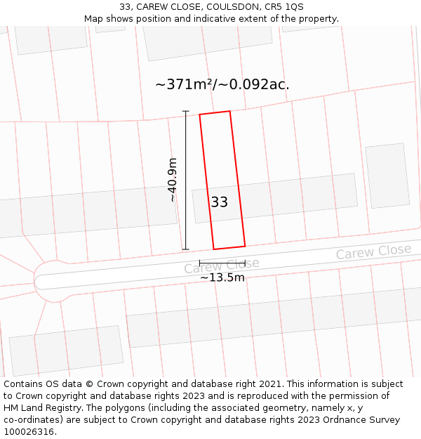 33, CAREW CLOSE, COULSDON, CR5 1QS: Plot and title map