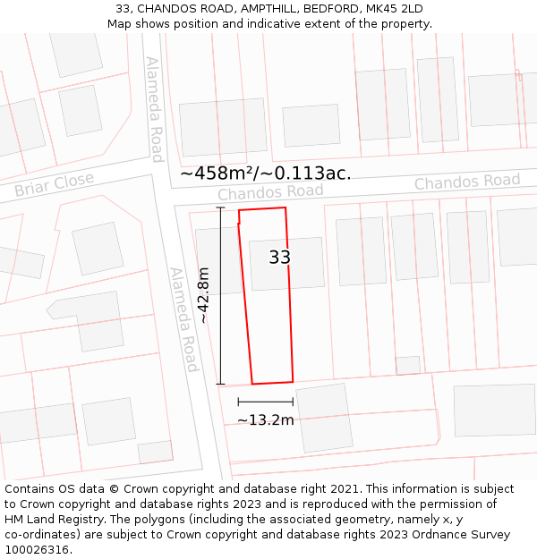33, CHANDOS ROAD, AMPTHILL, BEDFORD, MK45 2LD: Plot and title map