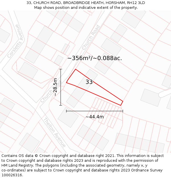 33, CHURCH ROAD, BROADBRIDGE HEATH, HORSHAM, RH12 3LD: Plot and title map