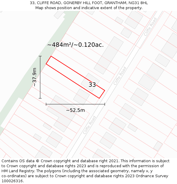 33, CLIFFE ROAD, GONERBY HILL FOOT, GRANTHAM, NG31 8HL: Plot and title map