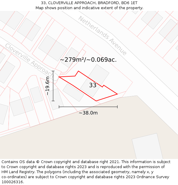 33, CLOVERVILLE APPROACH, BRADFORD, BD6 1ET: Plot and title map