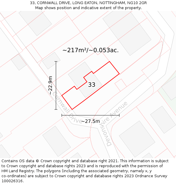 33, CORNWALL DRIVE, LONG EATON, NOTTINGHAM, NG10 2GR: Plot and title map