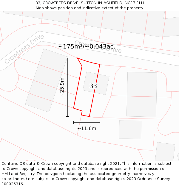 33, CROWTREES DRIVE, SUTTON-IN-ASHFIELD, NG17 1LH: Plot and title map