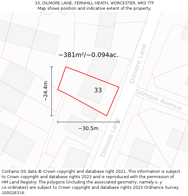 33, DILMORE LANE, FERNHILL HEATH, WORCESTER, WR3 7TF: Plot and title map