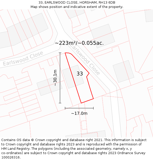 33, EARLSWOOD CLOSE, HORSHAM, RH13 6DB: Plot and title map