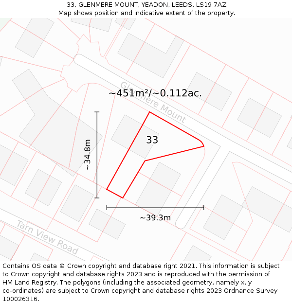 33, GLENMERE MOUNT, YEADON, LEEDS, LS19 7AZ: Plot and title map