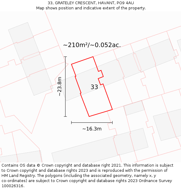 33, GRATELEY CRESCENT, HAVANT, PO9 4AU: Plot and title map