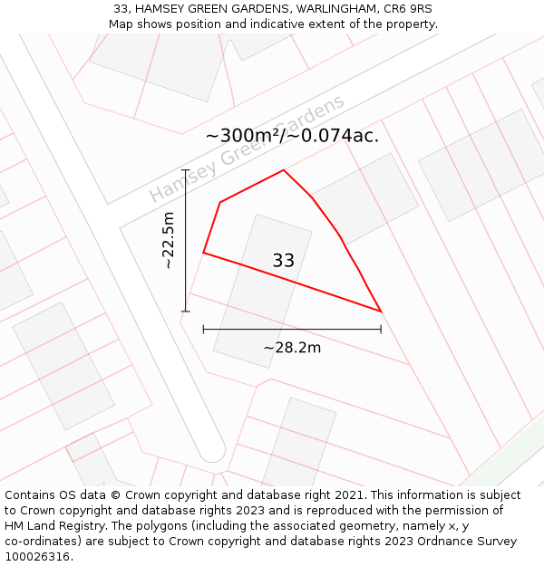 33, HAMSEY GREEN GARDENS, WARLINGHAM, CR6 9RS: Plot and title map