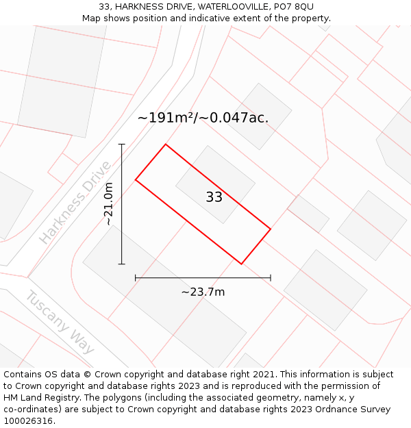 33, HARKNESS DRIVE, WATERLOOVILLE, PO7 8QU: Plot and title map