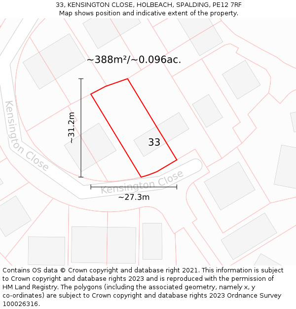 33, KENSINGTON CLOSE, HOLBEACH, SPALDING, PE12 7RF: Plot and title map