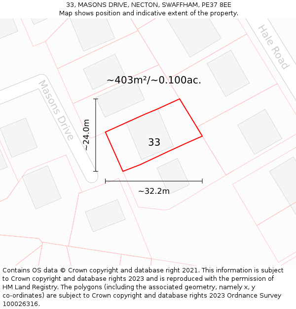 33, MASONS DRIVE, NECTON, SWAFFHAM, PE37 8EE: Plot and title map