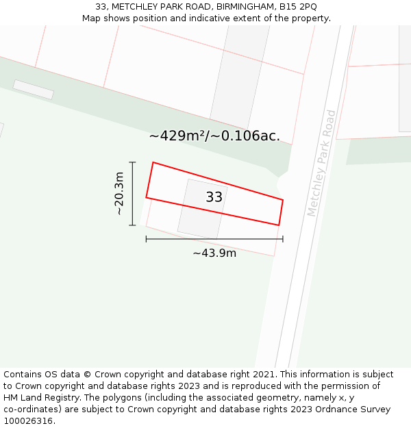 33, METCHLEY PARK ROAD, BIRMINGHAM, B15 2PQ: Plot and title map