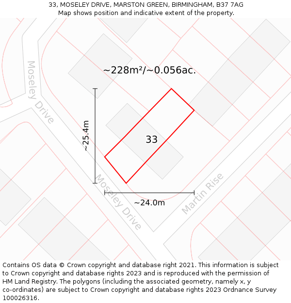 33, MOSELEY DRIVE, MARSTON GREEN, BIRMINGHAM, B37 7AG: Plot and title map