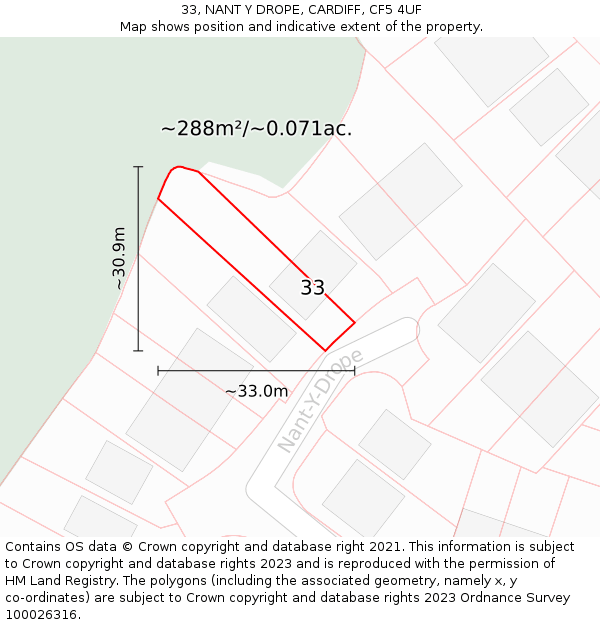 33, NANT Y DROPE, CARDIFF, CF5 4UF: Plot and title map