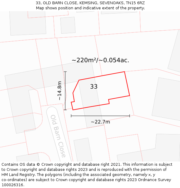 33, OLD BARN CLOSE, KEMSING, SEVENOAKS, TN15 6RZ: Plot and title map
