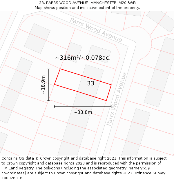 33, PARRS WOOD AVENUE, MANCHESTER, M20 5WB: Plot and title map