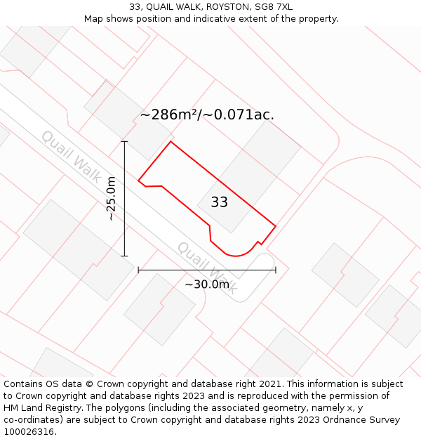 33, QUAIL WALK, ROYSTON, SG8 7XL: Plot and title map