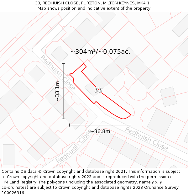 33, REDHUISH CLOSE, FURZTON, MILTON KEYNES, MK4 1HJ: Plot and title map